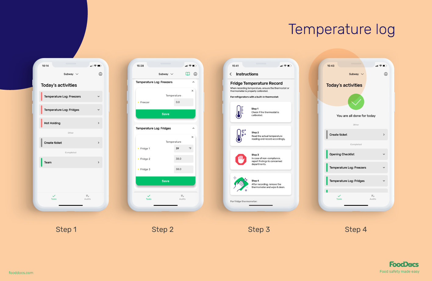 Temperature log instructions in FoodDocs app
