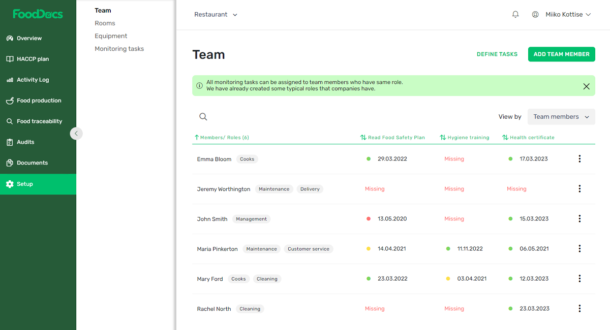 Setup, team list screenshot