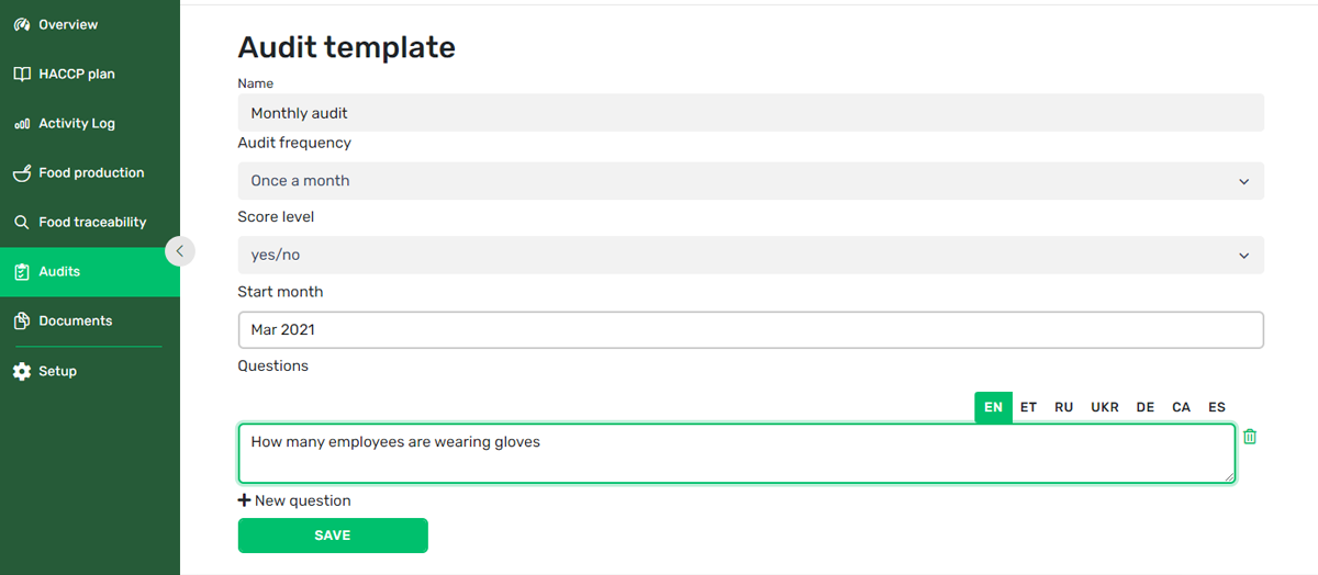 Audits, audit template screenshot