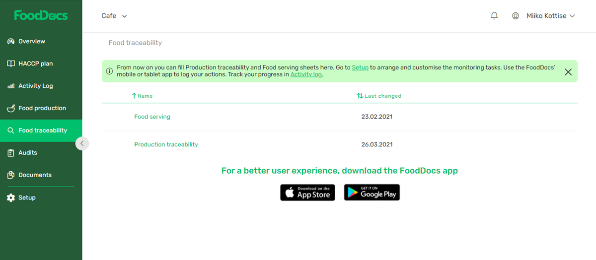 Food traceability, monitoring menu screenshot