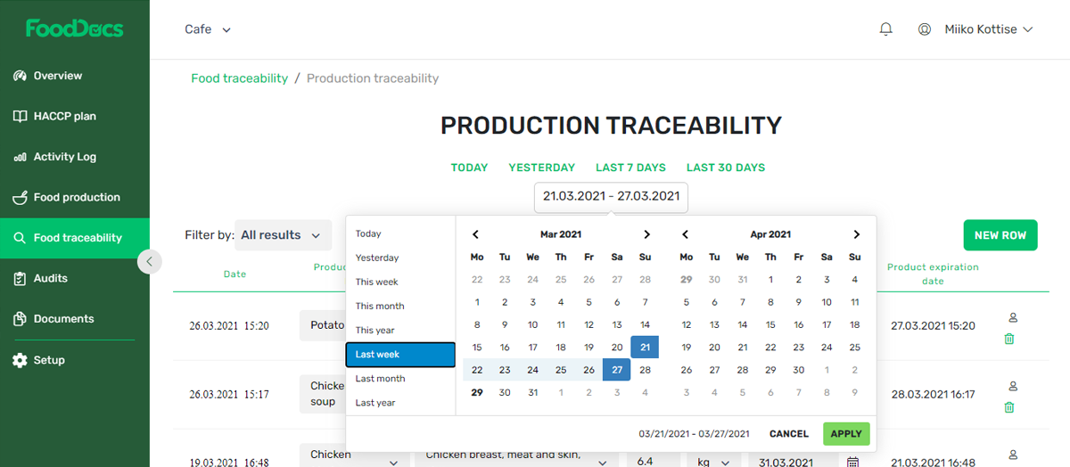 Food traceability, production traceability table with select date range calendar screenshot