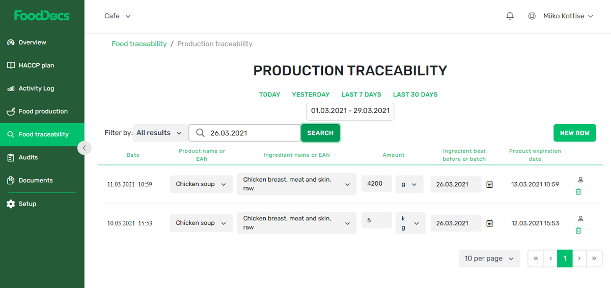 Food traceability, production traceability table screenshot